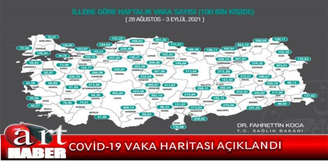 28 Ağustos-3 Eylül arasında 100 bin kişide görülen haftalık Covid-19 vaka haritası açıklandı.